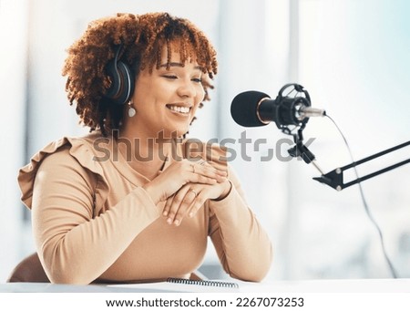 Black woman, microphone and podcast or radio presenter talking for broadcast, live streaming or speech. Happy African American female influencer, host or speaker with mic and smile for talk show