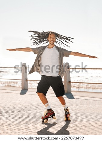 Training, sports and skate with a man roller skating on the promenade by the beach with the sea in the background. Fitness, fun and freedom with a young male on roller skates outside in summer