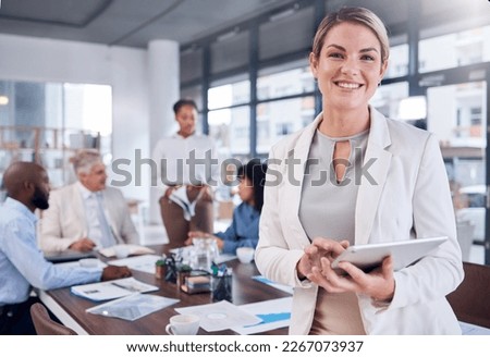 Business woman, tablet and portrait in meeting for schedule planning or conference at the office. Happy female smile for market research, idea or project plan on touchscreen with team in boardroom