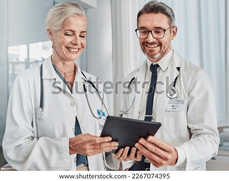 Doctor, teamwork or tablet in hospital for healthcare, planning report and medical innovation. Medicine, vision or health experts collaboration with woman and man consulting online treatment research