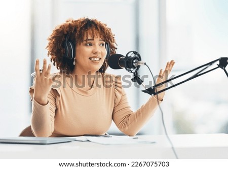 Radio show, podcast and black woman with microphone, talking and live streaming for advice. African American female presenter, lady or influencer with headphones, discussion or broadcast in workplace