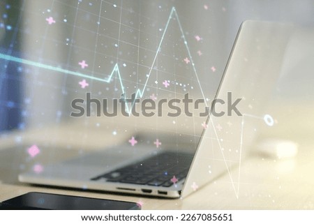 Creative concept of heart pulse illustration on modern laptop background. Medicine and healthcare concept. Multiexposure