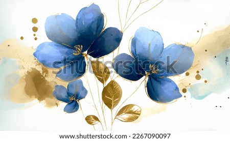 Blue flowers with golden leaves watercolor vector illustration, floral luxury art design. Elegant decorations for invitations and wedding cards, on white background