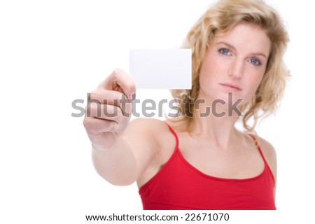 Full isolated portrait of a beautiful  caucasian woman with a blank business card