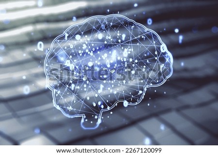 Virtual creative artificial Intelligence hologram with human brain sketch on abstract metal background. Double exposure