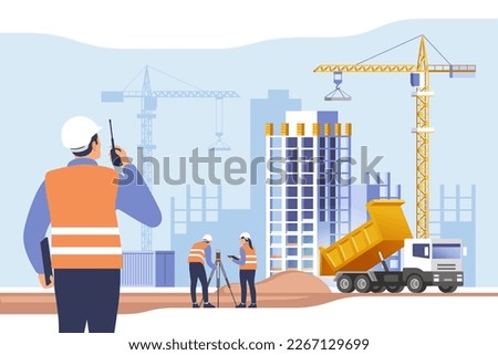 Construction site. Building work process with houses and construction machines. Surveyor engineers with equipment, theodolite or total positioning station. Vector illustration. Royalty-Free Stock Photo #2267129699