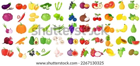 A large mega set of vegetables and fruits in a juicy cartoon style. The concept of healthy food and products. A bright element for your design. Tomato, cucumber, apple, plum, passion fruit, coconut Royalty-Free Stock Photo #2267130325
