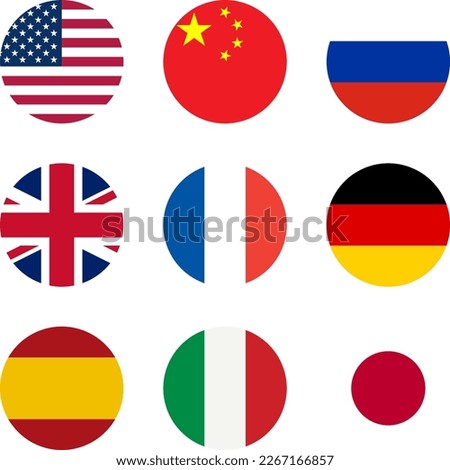Set of Round Flag Icon Collection of USA United States of America, China, Russia, United Kingdom UK Great Britain, France, Germany, Spain, Italy and Japan. Vector Image.