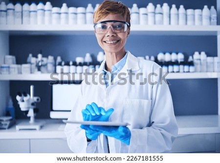 Science, black woman and research on tablet in laboratory for planning, innovation and pathology. Portrait, happy female scientist and digital medicine of development, data analysis and biotechnology Royalty-Free Stock Photo #2267181555