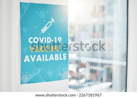 Poster, covid and vaccine with a sign on a wall in an empty hospital or clinic for healthcare and medication. Advert, corona virus and vaccination with a message in a health center for treatment