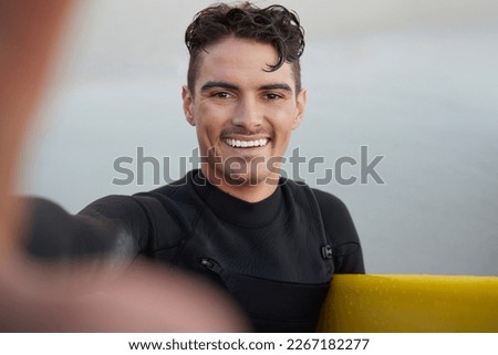 Surfer, man and beach selfie with smile for waves, wellness and sports training in summer for social media. Ocean athlete, surfboard or profile picture for fitness, sport and adventure for exercise