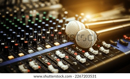 Close-up microphone and sound mixer in studio for sound record control system and audio equipment and music instrument Royalty-Free Stock Photo #2267203531
