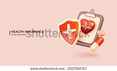 3D Health insurance concept. Realistic 3d design of Big clipboard with document checklist Life insurance family health care protection and medical service in cartoon minimal style. Vector illustration Royalty-Free Stock Photo #2267204767