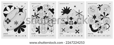 Futuristic retro vector minimalistic Posters with strange wireframes graphic assets of geometrical shapes modern design inspired by brutalism and silhouette basic figures, set 10 Royalty-Free Stock Photo #2267224253