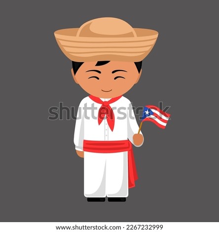 Puerto Rican male cartoon character in traditional ethnic costume holding national flag. Man in Puerto Rico clothes. Latin americans. Isolated flat vector illustration.