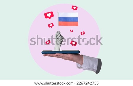 Art collage, a woman's hand comes out of the phone with the Russian flag, on a light background. Conceptual work in Russia through the phone.