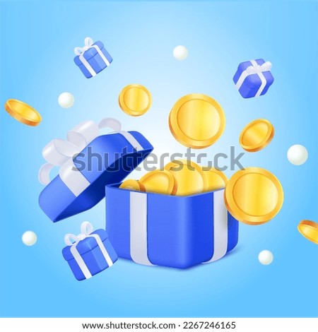 3d gift box opening with flying gold coins and gift box . The concept of cryptocurrency bonus. Opening gift box with coins, percent and payment. 3d vector illustration
