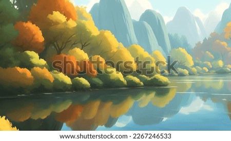 Beautiful Lake Surrounded by Mountains and Autumn Trees Scenery Detailed Hand Drawn Painting Illustration