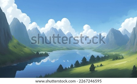 Beautiful Lake Surrounded with Snowy Mountains and Hills Scenery Detailed Hand Drawn Painting Illustration Royalty-Free Stock Photo #2267246595
