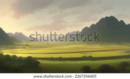 Beautiful Mountains and Farmlands Scenery during Sunset or Sunrise Detailed Hand Drawn Painting Illustration