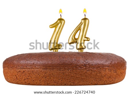 birthday cake with candles number 14 isolated on white background