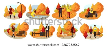 Set of family story in Autumn Park. Collection clip art of weekend leisure isolated on white background. Yellow trees and fall leaves in forest. People characters walks outdoor. Vector illustration