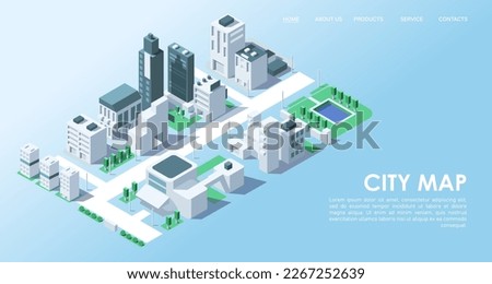Isometric city map with buildings. Business office and commercial towers in 3d cityscape. City development concept for web design. Urban architecture and design of street elements. Vector illustration Royalty-Free Stock Photo #2267252639