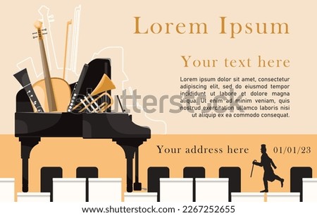 Music festival poster with musical instruments in opened black piano. Design for promotion and invitation. Concert banner classical music. Template design flyer in creative style. Vector illustration Royalty-Free Stock Photo #2267252655