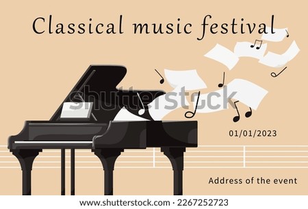 Classical music festival poster with musical instrument. Original design of promotion and invitation. Black grand piano playing with notes stave. Template for orchestra live music. Vector illustration Royalty-Free Stock Photo #2267252723