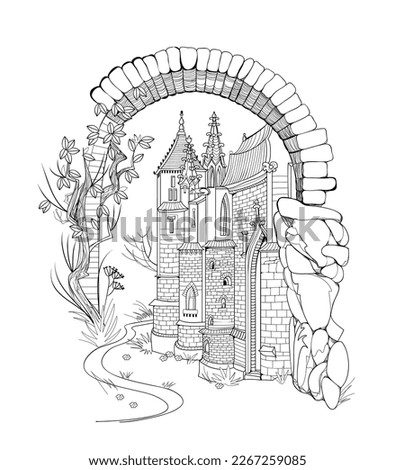 Illustration of ancient medieval castle. Fairyland kingdom. Black and white page for kids coloring book. Worksheet for drawing and meditation for children and adults. French architecture. Vector image Royalty-Free Stock Photo #2267259085
