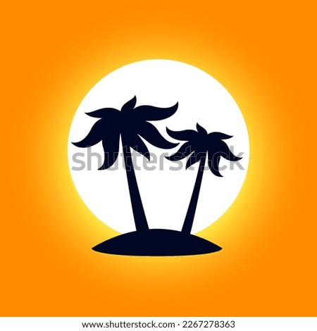 Sunset and Sunrise on the Beach with African Rainforest Coconut Trees or Tropical Palm Trees on Orange. Simple Black Silhouette for Eco Floral Logotype Emblem in Retro Art