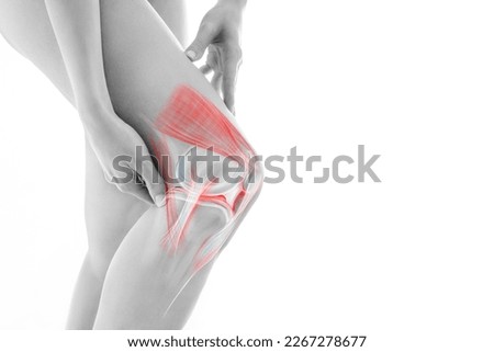 Knee pain, meniscus inflamed, human leg medically accurate representation of an arthritic knee joint. Persistent, sharp discomfort in the knee joint, accompanied by swelling, stiffness, limited range  Royalty-Free Stock Photo #2267278677