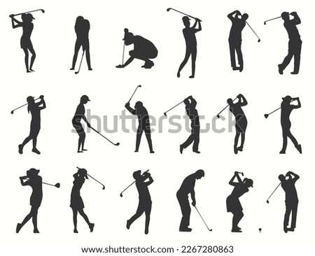 A set of golfer sports people playing golf in various poses. vector silhouette of men and women golf player collection. Golf different silhouettes on white background Royalty-Free Stock Photo #2267280863