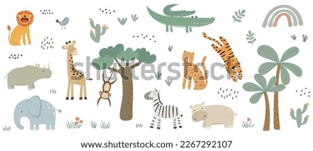 Set of cute african animals. Elephant, tiger, leon, rhinoceros, rhinoceros, giraffe, hippo, zebra, monkey, crocodile and bird. Vector illustration in flat style.