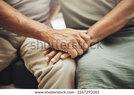 Hand holding, elderly couple and hands with love, care and peace feeling support and solidarity. Home, relax and loving gesture of an old man with woman in retirement and senior marriage at a house Royalty-Free Stock Photo #2267293365