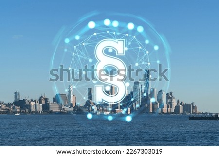 New York City skyline of Financial Downtown, Hudson River waterfront, skyscrapers at day time. Manhattan, USA. Glowing hologram legal icons. The concept of law, order, regulations, digital justice
