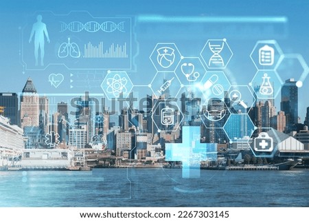 New York City skyline from New Jersey over the Hudson River towards Midtown Manhattan at day time. Health care digital medicine hologram. The concept of treatment and disease prevention