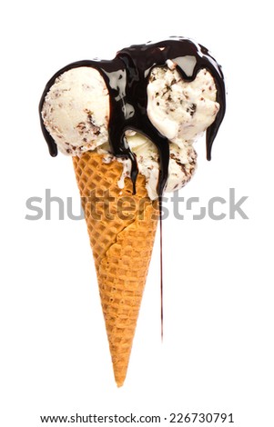 Ice cream: Ice cream cone with Stracciatella and much chocolate sauce isolated on white background Royalty-Free Stock Photo #226730791