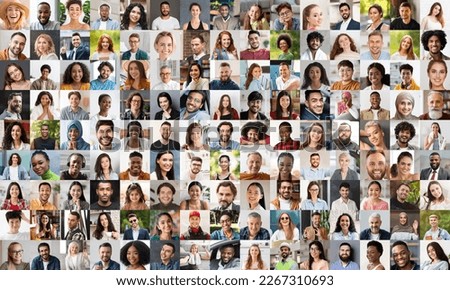 Set of cheerful multiethnic people sharing positive emotions, happy beautiful men and women different ages and styles smiling at camera, collection of candid photos, collage, panorama Royalty-Free Stock Photo #2267310693