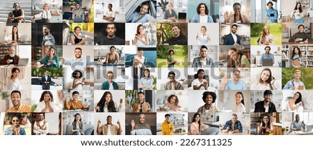 Mosaic of candid photos of diverse positive people posing indoors and outdoors, collage, panorama. Happy multiracial men and women, children and teenagers sharing good vibes