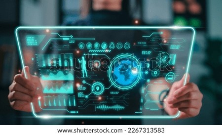 Futuristic user interface concept. Graphical User Interface GUI on the futuristic virtual interface screen. Head up Display HUD. Internet of things. Royalty-Free Stock Photo #2267313583