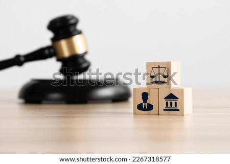 icon of a Law lawyer, court, and judge on a wooden block and gavel on a table for a Labor law of firm for Justice and law concept.