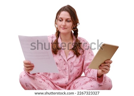 Portrait of an adult female musician in red pajamas, isolated on a white background