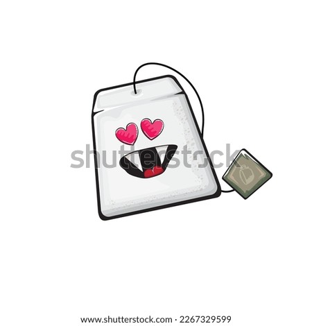 Cartoontea bag characters isolated on white background. Funky paper tea bag character with eyes and mouth. Vector white teabag with clip art, emoji, label and sticker
