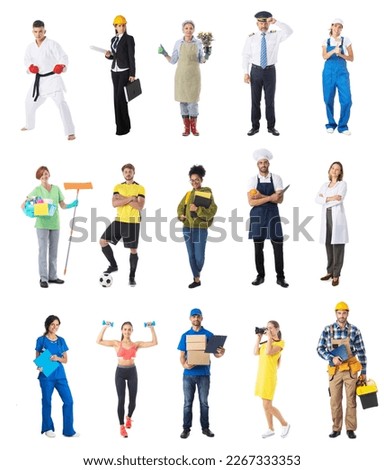 Full length portrait of group of people representing diverse professions of business, medicine, construction industry isolated on white background