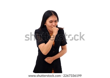 Young asian business woman standing while singing using her hand as a microphone. Isolated on white
