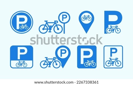 Set of blue parking bicycle vector signs. Place for bike. Area for cyclist. Vector icons.