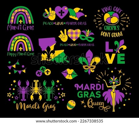 Mardi Gras lettering quotes, design element , flat style. Collection Mardi Gras, mask with feathers, beads, joker, fleur de lis, comedy and tragedy, party decorations. Vector illustration, clip art