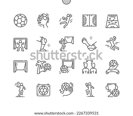 Handball. Elbow and knee support, goalkeeper, player replacement. Beach handball. Sport. Pixel Perfect Vector Thin Line Icons. Simple Minimal Pictogram