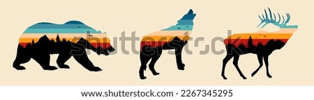 Set of Walking bear, wolf, deer or elk silhouette with mountains landscape double exposure effect and retro vintage sunset stripes backgorind . Wild nature concept. Vector illustration. Royalty-Free Stock Photo #2267345295